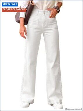 Women's Wide Leg High Waisted Jeans Double Button Tummy Control Stretchy Denim